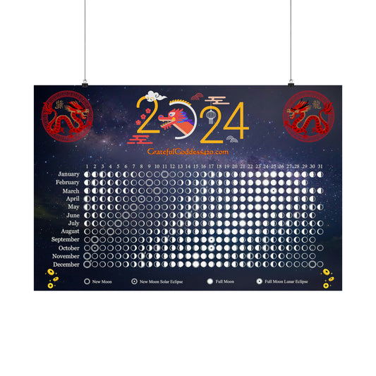 Moon phase lunar calendar wood dragon matte horizontal poster Chinese year of the Dragon lunar calendar