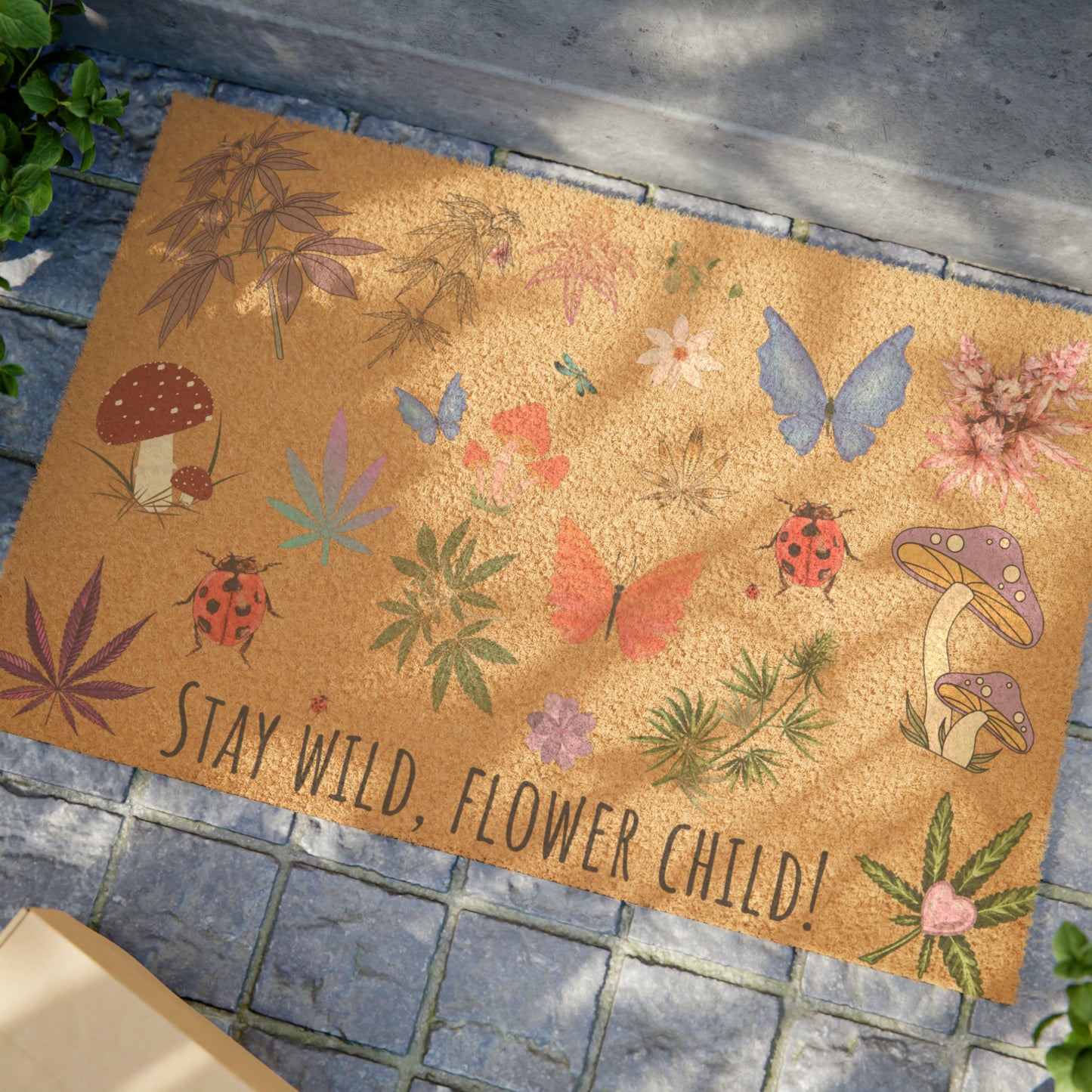 Boho mushroom dormat flower child welcome mat with cannabis and butterflies