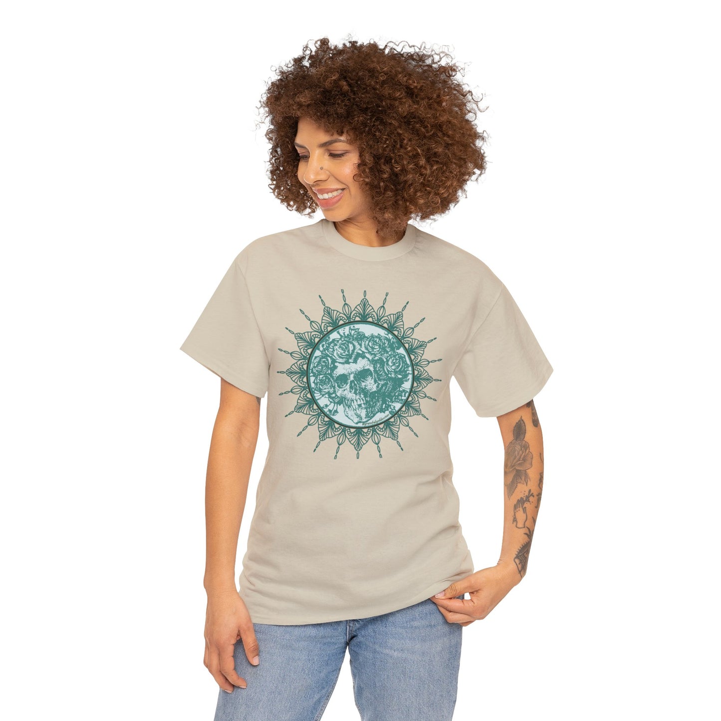 Green Grateful Dead inspired skull and roses mandala tshirt