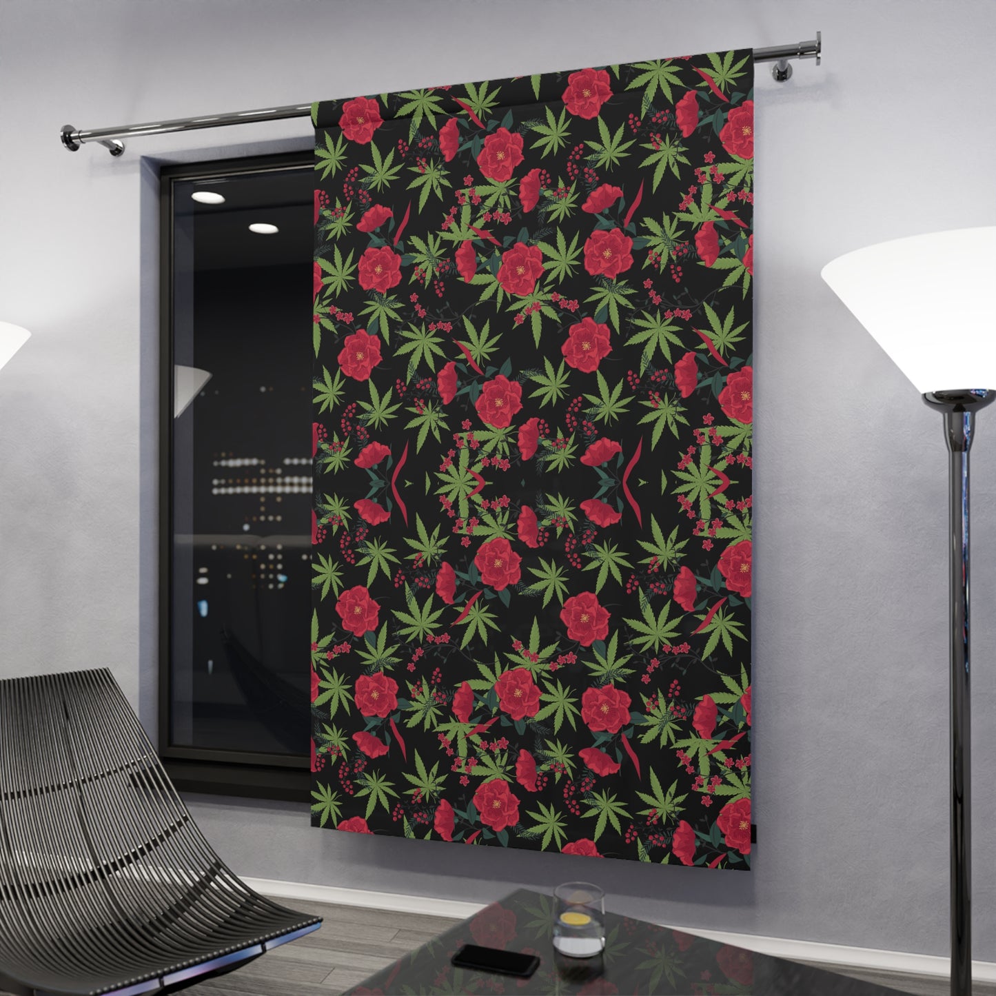 Cannabis print with roses dorm blackout curtains for stoners - hippie home 420 decor