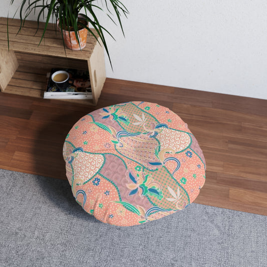 Boho floor pillow round floor cushion vintage batik design with hemp leaf hippie chic decor for eclectic ethnic style