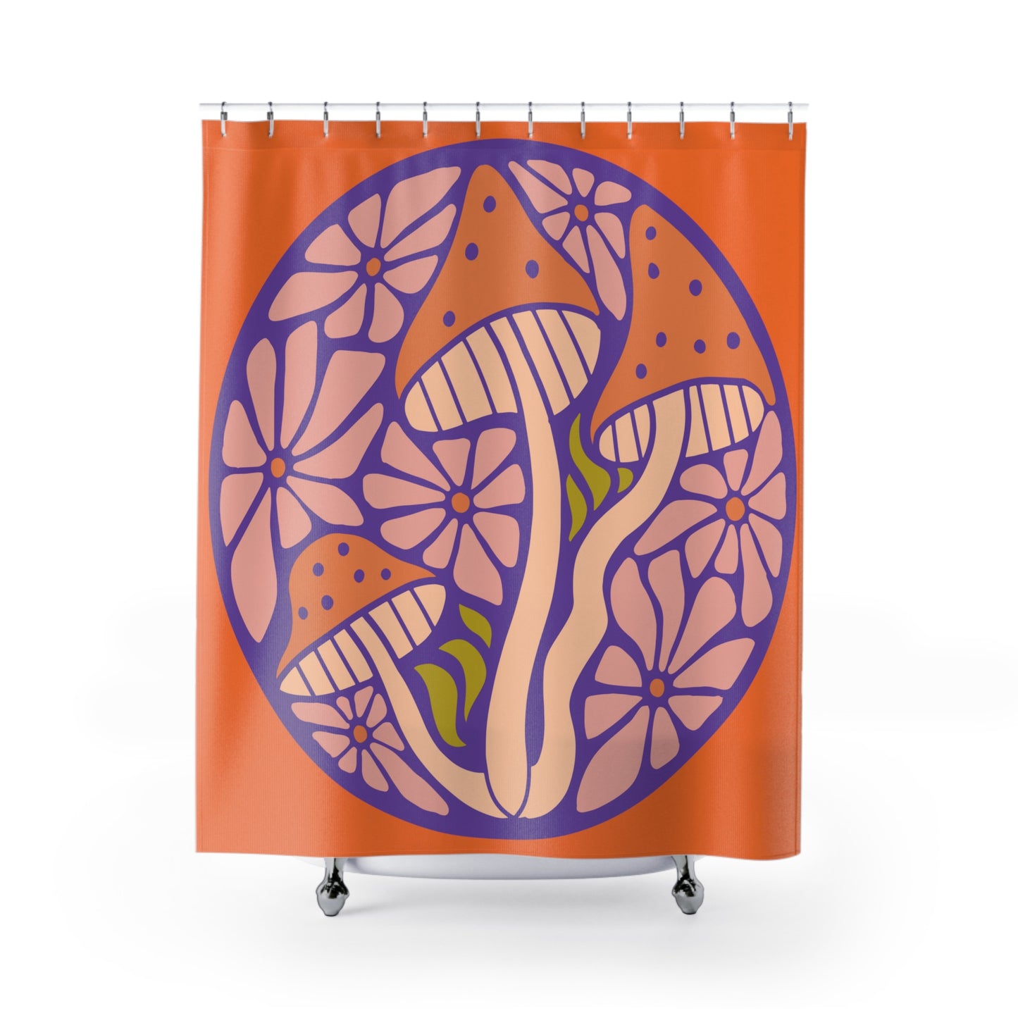 Retro mushroom motif fungi galore decor shower curtains boho chic bathroom hippie style home