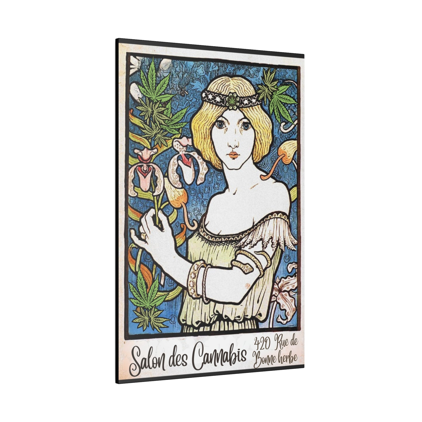 Vintage French Art nouveau 420 cannabis goddess matte stretched canvas dispensary lounge art