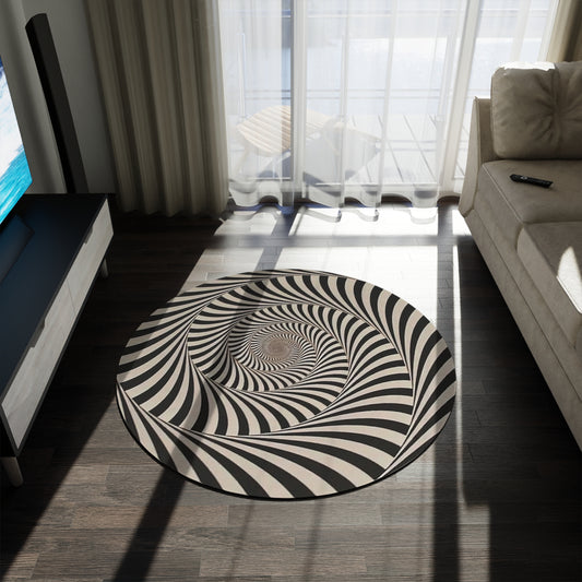 Psychedelic rug round spiral black and white optical illusion eclectic trippy decor