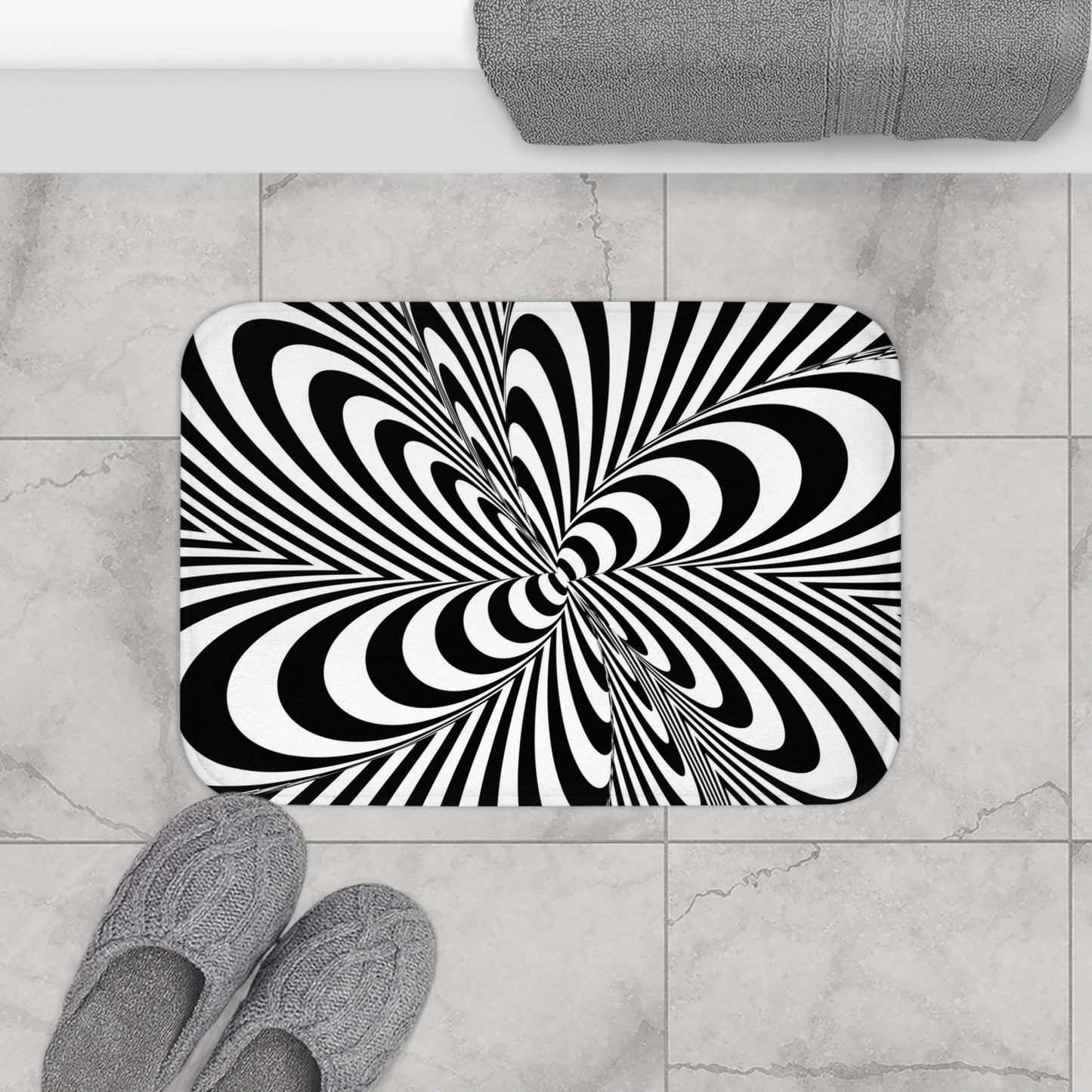 Psychedelic black and white bath mat eclectic bathroom rug trippy home floor decor