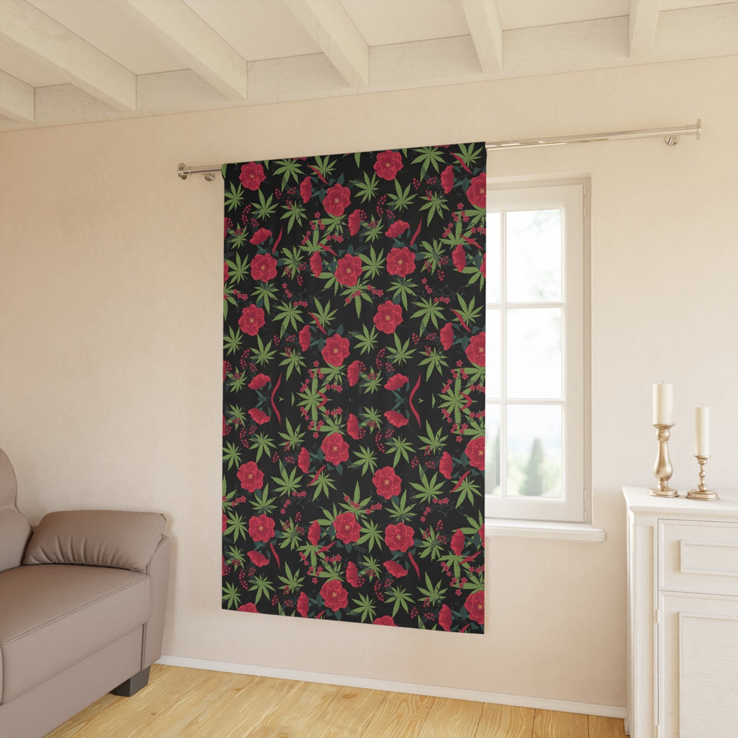 Cannabis print with roses dorm blackout curtains for stoners - hippie home 420 decor