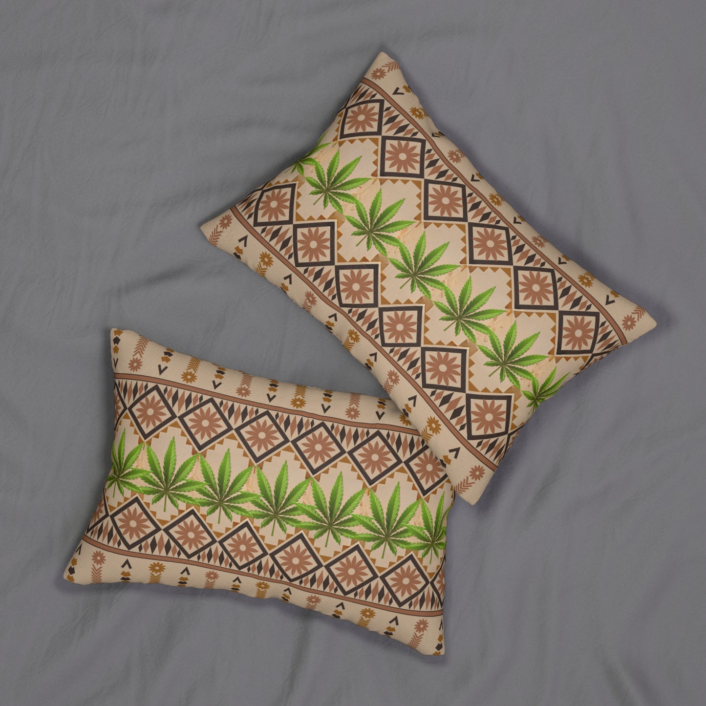 Cannabis leaf batik boho style lumbar pillow in neutral tones for 420 high end hippie homes