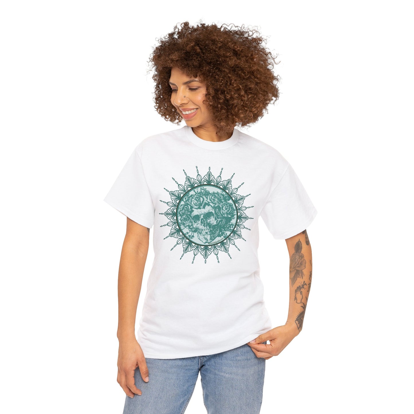 Green Grateful Dead inspired skull and roses mandala tshirt