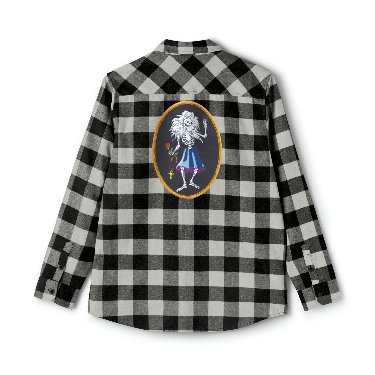 Dead Head inspired flannel shirt with bolt on front pocket and Garcia Rosebud on back, rock n roll classic