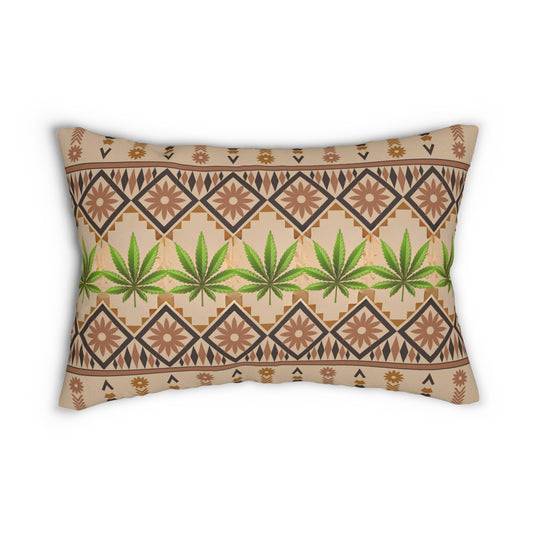 Cannabis leaf batik boho style lumbar pillow in neutral tones for 420 high end hippie homes