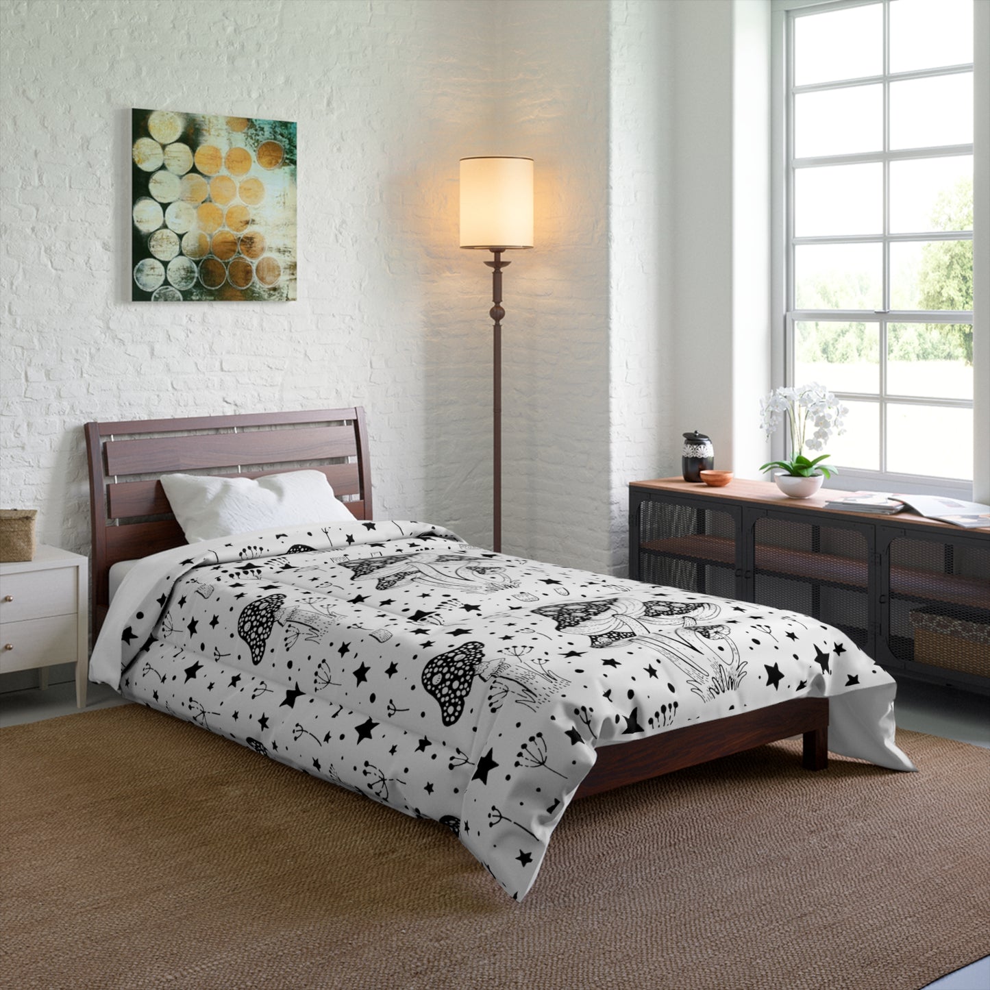 Mushroom comforter fungi bedroom decor black and white magic mushroom bedspread in 3 sizes